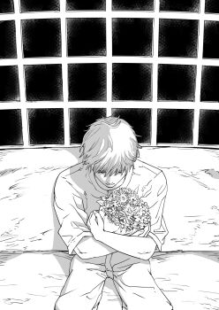 1boy b14ckwood bouquet chainsaw_man closed_mouth denji_(chainsaw_man) flower from_above greyscale highres holding holding_bouquet male_focus monochrome pants shirt short_hair sitting solo window