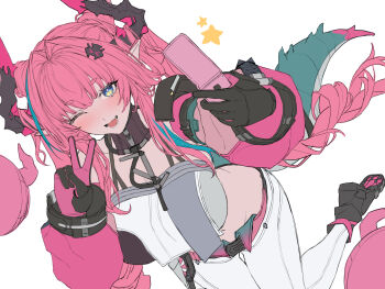 1girl absurdres arknights arknights:_endfield belt black_gloves black_shoes blue_eyes blue_hair blush breasts cellphone detached_sleeves dragon_girl dragon_horns dragon_tail fang flip_phone gloves hair_ornament hairclip highres horns large_breasts long_hair molyb multicolored_hair one_eye_closed open_mouth pants phone pink_hair pointy_ears shoes solo tail twintails unfinished v white_pants yvonne_(arknights)