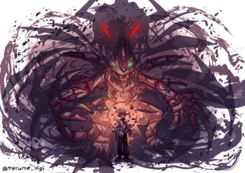 Rule 34 | 1boy, brown hair, digimon, digimon (creature), digimon adventure, glitch, glowing, glowing eyes, green eyes, merume digi, red eyes, skeleton, skullgreymon, solo focus, twitter username, yagami taichi