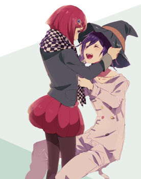 Rule 34 | 1boy, 1girl, adjusting another's clothes, between legs, black jacket, black pantyhose, blush, buttons, checkered clothes, checkered scarf, closed eyes, collarbone, collared jacket, commentary request, cosplay, costume switch, danganronpa (series), danganronpa v3: killing harmony, flipped hair, from side, gem hair ornament, hair between eyes, happy, hat, hat belt, headwear switch, highres, jacket, long sleeves, multicolored buttons, nagichiro, oma kokichi, open mouth, pants, pantyhose, partial commentary, purple hair, red hair, red skirt, scarf, shirt, short hair, simple background, sitting, skirt, smile, standing, thigh strap, two-tone scarf, witch hat, yumeno himiko