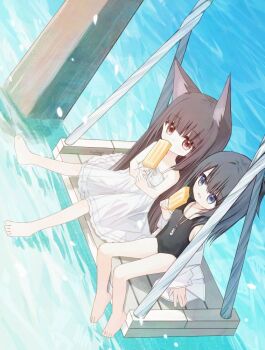 2girls animal_ear_fluff animal_ears bare_legs barefoot black_hair black_one-piece_swimsuit blue_eyes brown_eyes brown_hair commentary dress dutch_angle food hair_between_eyes holding holding_food ice_cream long_sleeves multiple_girls off_shoulder on_swing one-piece_swimsuit open_clothes open_mouth open_shirt original shiho_(yuuhagi_(amaretto-no-natsu)) shirt sitting sleeveless sleeveless_dress sleeves_past_wrists swimsuit swimsuit_under_clothes swing symbol-only_commentary water white_dress white_shirt yuuhagi_(amaretto-no-natsu)