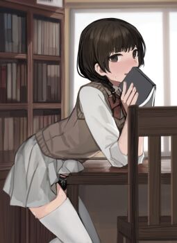 1boy @_@ bar_censor black_panties blush book bookshelf braid brown_eyes brown_hair brown_sweater_vest censored chair collared_shirt commentary_request covered_testicles cowboy_shot crossdressing crossdressing_(mtf) crotch_rub dress_shirt elbows_on_table embarrassed erection from_side grey_skirt highres holding holding_book indoors library male_focus male_masturbation masturbation medium_hair open_mouth original panties partial_commentary penis penis_peek pleated_skirt pointless_censoring red_ribbon ribbon school_uniform shirt sidelocks single_braid sketch skirt sleeves_rolled_up small_penis solo sunaba_(nczd5875) sweat sweater_vest table table_humping thighhighs trap underwear white_shirt white_thighhighs window wooden_chair wooden_table