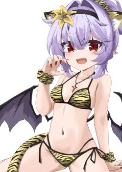 Rule 34 | 1girl, :d, akisome hatsuka, animal ears, animal print, bat wings, bikini, black hairband, breasts, claw pose, collarbone, commentary request, cross, cross necklace, floral print, flower, hair flower, hair ornament, hairband, jewelry, looking at viewer, low wings, nail polish, navel, necklace, open mouth, pointy ears, purple hair, red eyes, red nails, remilia scarlet, scrunchie, short hair, side-tie bikini bottom, simple background, small breasts, smile, solo, spread legs, swimsuit, tiger ears, tiger print, touhou, white background, wings, wrist scrunchie, yellow bikini, yellow flower
