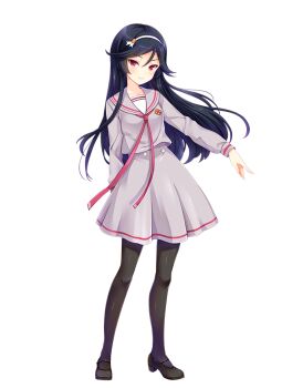 1girl black_hair black_pantyhose black_shoes closed_mouth full_body girlfriend_(kari) grey_serafuku grey_skirt hairband knees kunishiro_miyabi legs long_hair looking_at_viewer mary_janes neckerchief official_art pantyhose pink_neckerchief qp:flapper red_eyes sailor_collar sailor_shirt school_uniform serafuku shirt shoes simple_background skirt smile solo standing thighs transparent_background white_hairband