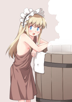 1girl bathrobe blonde_hair blue_eyes brown_background futatsuki_hisame highres leaning_on_object loli long_hair maid_headdress myuri_stellareko_(futatsuki_hisame) nipples original sidelocks simple_background smile solo standing steam towel wooden_bathtub
