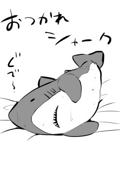 absurdres airandou bed_sheet commentary_request greyscale highres monochrome no_humans original sharp_teeth simple_background stuffed_animal stuffed_shark stuffed_toy sweat teeth translation_request white_background
