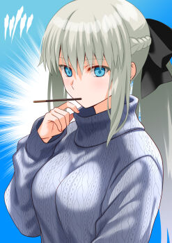 1girl black_bow blue_eyes blush bow braid breasts engo_(aquawatery) fate/grand_order fate_(series) food grey_hair grey_sweater hair_bow large_breasts long_hair long_sleeves looking_at_viewer morgan_le_fay_(fate) pocky ponytail sidelocks solo sweater thighs turtleneck turtleneck_sweater very_long_hair
