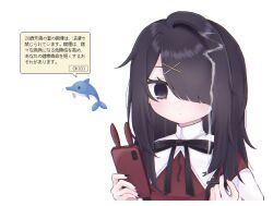 1girl alternate_hairstyle ame-chan_(needy_girl_overdose) black_eyes black_nails black_ribbon cigarette collar dolphin hair_ornament hair_over_one_eye highres holding holding_cigarette holding_phone kairu_the_dolphin long_hair looking_at_phone microsoft_office needy_girl_overdose phone red_nails red_shirt ribbon shirt simple_background smoke translated upper_body white_background white_collar x_hair_ornament yui_(htbanz3)