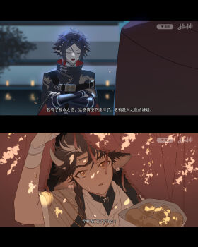 Rule 34 | 2boys, 676643396dolce, absurdres, animal ears, arknights, arm guards, bag, bilibili logo, black border, blue cape, blue hair, blurry, blurry background, border, braid, brown hair, cape, chinese commentary, chinese text, closed eyes, commentary request, cow boy, cow ears, cow horns, crossed arms, dappled sunlight, fake screenshot, frown, highres, holding, holding bag, horns, letterboxed, looking at viewer, looking up, male focus, multicolored hair, multiple boys, open mouth, parted lips, pointy ears, potato, shirt, short sleeves, streaked hair, sunlight, translation request, two-sided cape, two-sided fabric, wan qing (arknights), white hair, white shirt, yellow eyes, zuo le (arknights)