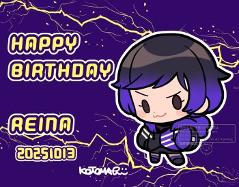 1girl :3 character_name chibi chibi_only cloak commentary_request dated electricity full_body happy_birthday hood hood_down hooded_cloak jacket kotorai outline purple_background purple_hair purple_jacket reina_(tekken) short_hair signature smile solo tekken tekken_8 white_outline