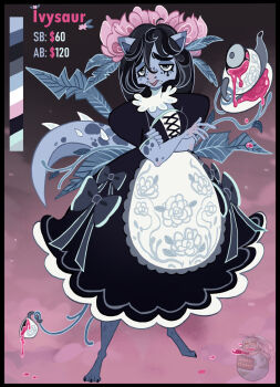 1girl adoptable animal_ears apron arti.ritsu barefoot black_dress black_hair bow colored_skin crossed_arms dress dress_bow fangs freckles full_body furry furry_female gen_1_pokemon grey_skin highres ivysaur maid makeup mascara nintendo open_mouth personification plant pokemon pokemon_(creature) runny_makeup short_sleeves solo tail tea teapot vines white_apron