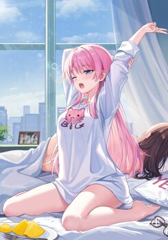 2girls absurdres arm_up bang_dream! bang_dream!_it's_mygo!!!!! barefoot black-framed_eyewear blue_eyes blush brown_hair chihaya_anon commentary_request curtains food fork fruit highres long_hair long_sleeves multiple_girls mygo!!!!!_(bang_dream!) nagasaki_soyo on_bed one_eye_closed open_mouth picture_frame pink_hair plate shirt sitting straight_hair stretching sunlight unworn_eyewear wariza white_shirt window xiongji_z_z yawning yes-no_pillow