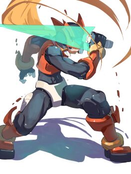 Rule 34 | 1boy, absurdres, armor, black eyes, commentary request, energy sword, full body, helmet, highres, holding, holding sword, holding weapon, male focus, mega man (series), mega man zero (series), omochi (mochi skymega), red armor, red helmet, simple background, solo, sword, weapon, white background, zero(z) (mega man), zero (mega man)