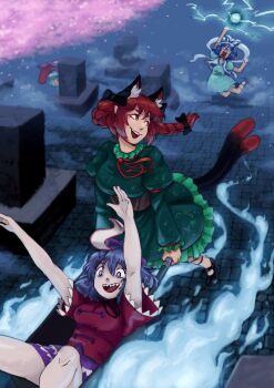 Rule 34 | 4girls, absurdres, angry, animal ear fluff, animal ears, blue dress, blue eyes, blue hair, bow, braid, breasts, brown corset, cat ears, cat tail, commentary, corset, dress, english commentary, extra ears, graveyard, green dress, hagoromo, hair bow, hair ornament, hair rings, hair stick, hat, heterochromia, highres, jiangshi, kaenbyou rin, kaku seiga, karakasa obake, long hair, long sleeves, medium breasts, miyako yoshika, multiple girls, multiple tails, neck ribbon, nekomata, ofuda, open clothes, open mouth, open vest, outstretched arms, powering up, pujol art, purple hat, purple skirt, purple umbrella, red eyes, red hair, red ribbon, red shirt, ribbon, sharp teeth, shawl, shirt, short sleeves, skirt, smile, tail, tatara kogasa, teeth, tombstone, touhou, twin braids, two tails, umbrella, vest, wheelbarrow, white vest, zombie pose