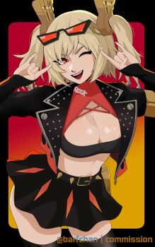 absurdres barfchan black_jacket black_skirt black_tube_top breasts burnice_white burnice_white_(cosplay) cosplay eyewear_on_head highres jacket orange-tinted_eyewear red-tinted_eyewear skirt sleeveless_turtleneck_shirt spiked_belt spiked_jacket strapless sunglasses tinted_eyewear tube_top watermark zenless_zone_zero