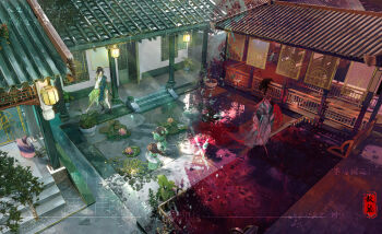 2boys 3girls age_difference aged_down aqua_coat architecture arms_up arrow_(projectile) arrow_in_body bamboo_slips bare_tree black_boots black_hair black_robe blood blood_splatter bloody_weapon boots brown_hair building cape child chinese_clothes chinese_commentary closed_umbrella coat color_contrast commentary_request corpse covered_eyes curtains dagger daxiushan east_asian_architecture facing_away flower from_above full_body green_hanfu green_robe green_umbrella hair_flower hair_ornament hanfu highres holding holding_dagger holding_knife holding_scroll holding_sword holding_umbrella holding_unworn_cape holding_unworn_clothes holding_weapon hood hood_up hua_chen hua_yi_shanxin_zhiyue implied_murder iyi3d knife lantern lattice leaf_hair_ornament light_rays lily_pad lin_shan long_hair long_sleeves looking_at_another looking_at_object lotus mu_weishuang multiple_boys multiple_girls no_eyes oil-paper_umbrella open_mouth outdoors pants paper_lantern parted_bangs pillar pink_flower pink_hanfu pink_robe plant ponytail potted_plant railing red_cape red_sky ripples robe running sample_watermark scroll seal_impression see-through_curtains shirt sky split_theme stairs standing sword the_prince_(hua_yi_shanxin_zhiyue) the_princess_(hua_yi_shanxin_zhiyue) thighhighs tile_roof tree umbrella unworn_cape water_lily_flower watermark weapon wet white_hanfu white_pants white_robe white_shirt white_thighhighs wide_sleeves