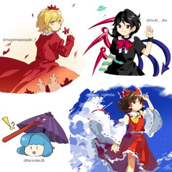 !? 4girls aki_shizuha arm_up asymmetrical_wings black_dress black_hair blonde_hair blue_hair blue_sky brown_hair cloud collared_shirt day detached_sleeves dress flat_chest frilled_hair_tubes frilled_ribbon frilled_skirt frills hair_ribbon hair_tubes hakurei_reimu holding holding_leaf juliet_sleeves kaigen_1025 kasa-obake leaf long_sleeves medium_hair mismatched_wings multiple_girls nontraditional_miko nue open_mouth puffy_sleeves red_dress red_eyes red_ribbon red_skirt red_vest ribbon ribbon-trimmed_skirt ribbon-trimmed_sleeves ribbon_trim shirt short_hair short_sleeves skirt sky tatara_kogasa touhou twitter_username ufo vest white_shirt white_sleeves wide_sleeves wings yellow_eyes yokai