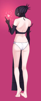 Rule 34 | 1girl, absurdres, alternate form, apron, ass, back, bare legs, barefoot, black apron, black gloves, bomb devil (chainsaw man), chainsaw man, choker, commentary request, elbow gloves, from behind, gloves, highres, kneepits, object head, panties, reze (chainsaw man), shoulder blades, solo, standing, sulgi park, teeth, underwear, white panties