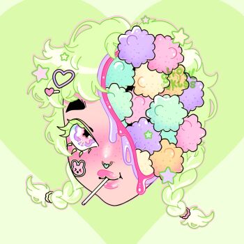 1girl artist_logo blood blush braid candy candy_gore closed_mouth colored_eyelashes commentary english_commentary flower-shaped_pupils food freckles ghoulkiss green_background green_hair gurokawa hair_ornament hair_tie heart heart_hair_ornament hole_in_head logo lollipop lollipop_in_mouth long_hair looking_at_viewer multicolored_eyes original outline pastel_colors piercing pink_blood pink_eyes pink_outline purple_blood purple_eyes septum_piercing solo star_(symbol) star_bit sticker sticker_on_face symbol-shaped_eyes symbol-shaped_pupils twin_braids watermark