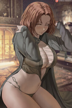 1girl blurry blurry_background blush breasts brown_hair carpet cloak closed_mouth crop_top elden_ring fireplace hands_up highres indoors kneeling large_breasts looking_at_viewer melina_(elden_ring) no_pants one_eye_closed panties patreon_logo patreon_username shexyo short_hair solo thighs underwear watermark web_address yellow_eyes
