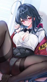 1girl ahoge armband azur_lane black_bow black_bowtie black_skirt blush bow bowtie bra breasts button_gap cleavage desk highres huge_ahoge jacket katsushika_pachi large_breasts long_hair looking_at_viewer official_alternate_costume on_desk panties panties_under_pantyhose pantyhose partially_unbuttoned red_eyes red_jacket round_eyewear shirt shirt_tucked_in sitting skirt smile solo spread_legs taihou_(azur_lane) taihou_(sweet_time_after_school)_(azur_lane) thighband_pantyhose underwear white_bra white_panties white_shirt window_blinds yellow_armband