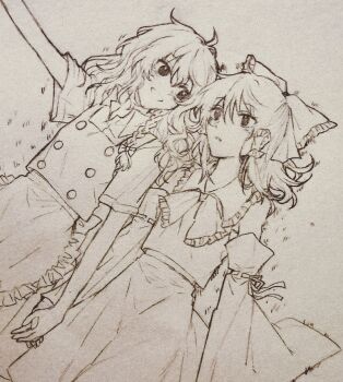 2girls apron ascot bow braid chinese_commentary commentary_request detached_sleeves frilled_bow frilled_hair_tubes frills greyscale hair_bow hair_tubes hakurei_reimu highres hitte5416 holding_hands interlocked_fingers kirisame_marisa long_hair lying monochrome multiple_girls no_headwear on_back ribbon-trimmed_sleeves ribbon_trim short_sleeves side_braid single_braid touhou traditional_media vest waist_apron yuri