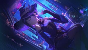 1girl aquarius_(symbol) aries_(constellation) aries_(symbol) arms_at_sides astrological_sun_symbol backlighting bare_shoulders black_gloves black_hair black_pantyhose black_ribbon blue_hat blue_nails blue_skirt blue_sky blue_sleeves blue_theme book book_stand bottle bow bracelet breasts brick_wall building cancer_(symbol) capricorn_(symbol) colorful_palette constellation constellation_print cork cross-laced_clothes curtains darkness detached_sleeves diamond_(gemstone) dot_nose dutch_angle earrings elbow_gloves fantasy feet_out_of_frame fingernails flask flower frilled_sleeves frills gem gemini_(constellation) gemini_(symbol) gloves gold_bracelet green_gemstone grey_eyes half-closed_eyes hand_on_own_leg hand_up hat hat_feather hat_flower head_tilt highres hoshino_ichika_(project_sekai) indoors jewelry knees_together_feet_apart lace-trimmed_sleeves lace_trim leaf_hat leo_(symbol) libra_(constellation) libra_(symbol) light_particles limited_palette long_hair looking_at_viewer magic mars_symbol mercury_symbol mobile moonlight neck_ribbon night official_alternate_costume official_art on_windowsill pantyhose parted_lips pencil_skirt pisces_(constellation) pisces_(symbol) pleated_sleeves potion project_sekai purple_theme ribbon rose round-bottom_flask sagittarius_(constellation) sagittarius_(symbol) scorpio_(symbol) scorpius_(constellation) sekijitsu_no_read-aloud_(project_sekai) sitting skirt sky small_breasts smirk solo stained_glass star_(sky) star_(symbol) starry_sky straight_hair sun_symbol swept_bangs tassel taurus_(constellation) taurus_(symbol) third-party_source tower town tsurime uranus_symbol venus_symbol virgo_(constellation) virgo_(symbol) waist_bow wavy_hair wide_sleeves window windowsill witch_hat zodiac zodiac_wheel