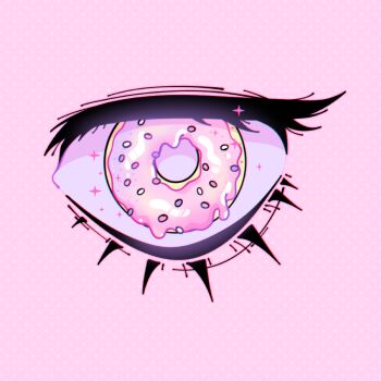 Rule 34 | colored sclera, dessert, donut, dripping, eye focus, food, ghoulkiss, icing, monochrome, original, pastel colors, pink background, pink donut, pink sclera, pink theme, polka dot, polka dot background, sparkle, sprinkles