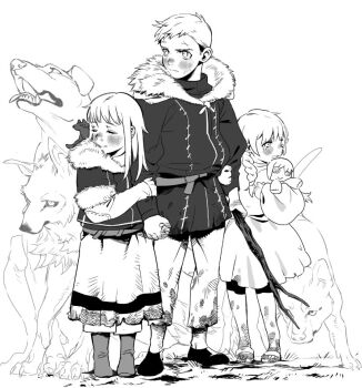 1boy 2girls aged_down animal animal_on_shoulder arms_at_sides belt blood blood_on_clothes blood_on_leg boots braid branch brother_and_sister character_doll child cross_scar dirty dirty_feet dog doll dragon dragon_(remains)_(dungeon_meshi) dress dungeon_meshi elf facing_to_the_side falin_touden falin_touden_(doll) falin_touden_(tallman) flip-flops frown full_body fur-trimmed_sleeves fur_trim grabbing_another's_arm greyscale height_difference holding holding_branch holding_doll holding_hands holding_stuffed_toy jacket laios_touden leichen6194 long_hair long_sleeves looking_to_the_side marcille_donato monochrome multiple_girls pants patchwork_clothes pointy_ears puffy_long_sleeves puffy_sleeves runny_nose sandals scar scar_on_face scar_on_forehead scared shoes short_hair siblings snot stitches stuffed_toy tearing_up time_paradox torn_clothes torn_dress torn_pants