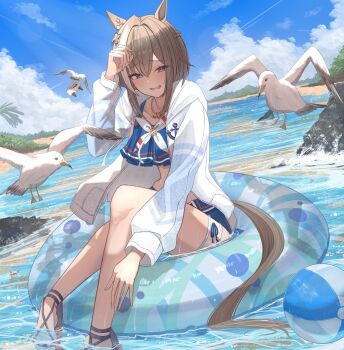 1girl absurdres animal_ears ball beach beachball bikini bikini_shorts bird blue_bikini blue_eyes blue_sky blue_swim_trunks blush braid bright_pupils brown_hair brown_tail cheval_grand_(summer_calm_navy_drop)_(umamusume) cheval_grand_(umamusume) cloud cloudy_sky commentary_request day ear_ornament hair_between_eyes hair_intakes half_up_half_down_braid hand_up hanma_amnah heart heart_necklace highres horse_ears horse_girl horse_tail jacket jewelry long_sleeves looking_at_viewer necklace ocean official_alternate_costume official_alternate_hairstyle on_innertube open_clothes open_jacket open_mouth outdoors seagull short_hair short_hair_with_long_locks shorts sidelocks sky smile sweat swimsuit tail thighs umamusume white_jacket white_pupils white_streaks