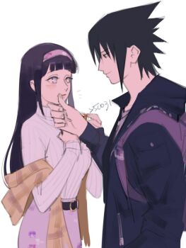 1boy 1girl backpack bag belt black_belt black_hair black_jacket blunt_bangs blush breasts grey_bag grey_eyes hairband hanchu27 hand_on_another&#039;s_chin hetero highres hime_cut hyuuga_hinata jacket light_smile long_hair looking_at_another medium_breasts naruto_(series) naruto_shippuuden no_pupils official_alternate_costume pink_hairband pink_skirt plaid_clothes plaid_shawl shawl short_hair skirt spiked_hair straight_hair sweater turtleneck turtleneck_sweater uchiha_sasuke white_background white_sweater