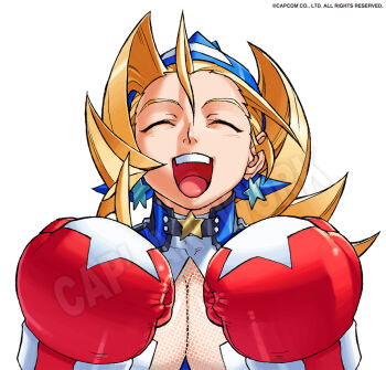 Rule 34 | 1girl, blonde hair, boxing gloves, breasts, capcom, cleavage, closed eyes, earrings, jewelry, justice gakuen, large breasts, long hair, open mouth, smile, solo, tiffany lords