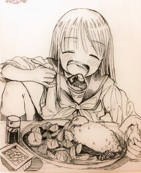 Rule 34 | 1girl, :d, bad id, bad twitter id, blush, curry, curry rice, eating, closed eyes, facing viewer, food, highres, inactive account, long hair, long sleeves, marker (medium), masuda (yousaytwosin), neckerchief, open mouth, original, rice, school uniform, serafuku, shirt, smile, socks, solo, traditional media
