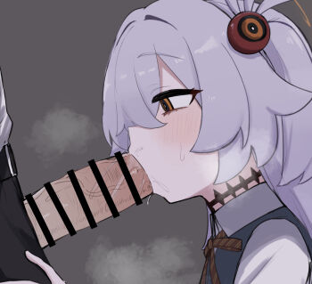 1boy 1girl bar_censor belt black_belt black_choker black_pants blue_archive bow bowtie brown_eyes brown_halo censored choker collared_shirt diagonal-striped_bow diagonal-striped_bowtie diagonal-striped_clothes dress fami_miminmin fellatio from_side grey_background grey_hair hair_between_eyes halo hand_on_another's_thigh heavy_breathing hetero highres kanoe_(blue_archive) loli long_hair long_sleeves looking_to_the_side multicolored_eyes neck_ribbon oral pants penis pinafore_dress ribbon saliva shirt short_twintails simple_background sleeveless sleeveless_dress steam striped_bow striped_bowtie striped_clothes sweatdrop twintails two-tone_eyes upper_body veins white_shirt