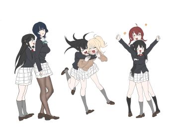 &gt;_&lt; 4girls :d ^_^ absurdres ahoge asaka_karin bananahaemeog black_hair black_jacket black_pantyhose black_socks blonde_hair blue_eyes blue_hair blush_stickers braid brown_cardigan brown_hair brown_shoes cardigan closed_eyes emma_verde flower_symbol freckles full_body grey_socks hair_ornament highres hug hug_from_behind jacket kneehighs loafers long_sleeves love_live! love_live!_nijigasaki_high_school_idol_club low_twin_braids miniskirt miyashita_ai multiple_girls multiple_views neck_ribbon nijigasaki_school_uniform o_o one_side_up open_mouth pantyhose pleated_skirt ponytail red_ribbon ribbon school_uniform shoes simple_background skirt smile socks triangle_hair_ornament twin_braids v-shaped_eyebrows white_background white_skirt winter_uniform xd yuki_setsuna