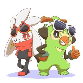 bright_pupils eyewear_on_head gen_8_pokemon green_fur grin highres looking_at_viewer nintendo one_eye_closed pokemon pokemon_(creature) raboot red-framed_eyewear red_eyes simple_background smile sunglasses thumbs_up thwackey white-framed_eyewear white_background white_pupils yoshio_(yoshi00000091)