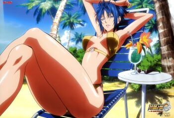 10s 1girl absurdres armpits banpresto bikini blue_eyes blue_hair day female_focus highres matching_hair/eyes nishida_asako short_hair sky solo super_robot_wars super_robot_wars_og_the_inspector super_robot_wars_original_generation super_robot_wars_original_generation_2 swimsuit viletta_badam