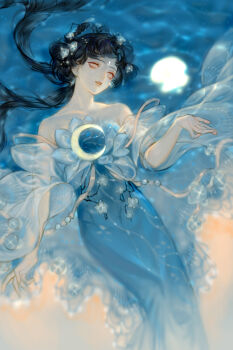 1girl absurdres bare_shoulders black_hair blue_dress blue_flower blue_shawl braid braided_hair_rings collarbone crescent dress earrings eyelashes eyeshadow facial_mark flower forehead_mark full_moon hair_flower hair_ornament hair_rings highres jewelry long_hair looking_to_the_side lotus lying makeup molin moon night orange_eyes original outdoors parted_bangs parted_lips reflection reflective_liquid see-through_clothes see-through_shawl shawl solo strapless strapless_dress water