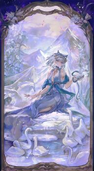 1girl absurdres arknights bird blue_dress blue_shawl border breasts chinese_commentary closed_mouth commentary_request dress flower goose grey_hair hair_ornament highres hongqiqiuqiu jewelry kal'tsit_(arknights) long_dress medium_hair mountain ornate_border outdoors ring shawl side_slit sitting snake solo underboob white_flower white_hair