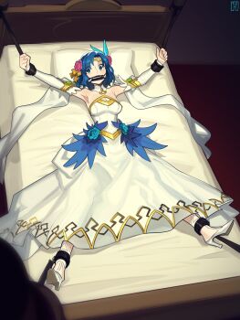1girl 1other absurdres armpits bare_shoulders bdsm bit_gag blue_eyes blue_flower blue_hair bondage bound bound_ankles bound_arms bound_legs bound_wrists breasts bride cad_(caddo) catria_(bridal)_(fire_emblem) catria_(fire_emblem) cleavage commentary commission cuffed detached_collar detached_sleeves dress empty_eyes english_commentary feather_hair_ornament feathers fire_emblem fire_emblem:_mystery_of_the_emblem fire_emblem_heroes flower gag gagged gold_headband hair_flower hair_ornament high_heels highres looking_at_viewer medium_breasts nintendo official_alternate_costume outstretched_arms outstretched_legs pink_flower pixiv_commission restrained scared shoes short_hair solo_focus spread_arms spread_eagle_position stationary_restraints strapless strapless_dress strappy_heels surprised tied_to_bed wedding_dress white_dress white_shoes wide-eyed