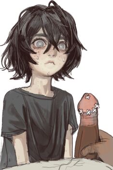 1boy 1girl age_difference black_hair black_shirt blind erection loli mossacannibalis penis penis_grab shirt short_hair sophie_(popopoka) source_request tagme