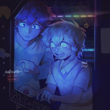 Rule 34 | 2boys, alternate costume, antenna hair, arcade cabinet, arcade stick, argyle clothes, argyle sweater vest, artist name, bandaid, bandaid on finger, bandaid on hand, basil (faraway) (omori), basil (omori), brown eyes, brown hair, collared shirt, controller, double-parted bangs, game controller, grey sweater vest, hero (faraway) (omori), hero (omori), highres, indoors, joystick, long sleeves, madnopost, male focus, multiple boys, omori, open mouth, pac-man, pac-man (game), parted lips, polybius, shirt, short hair, short sleeves, sidelocks, sweater, sweater vest, tearing up, teeth, tongue, white shirt