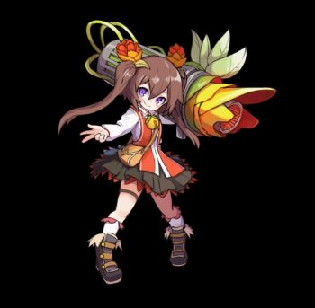 1girl black_background black_skirt blush boots breasts brown_hair closed_mouth collared_shirt flower full_body grey_boots hair_between_eyes hair_flower hair_ornament holding_cannon long_hair merc_storia merc_storia_art_team miniskirt official_art outstretched_arm pleated_skirt purple_eyes shirt simple_background skirt sleeveless sleeveless_jacket small_breasts smile socks solo standing tachi-e thigh_strap tionia_(merc_storia) twintails white_shirt white_socks