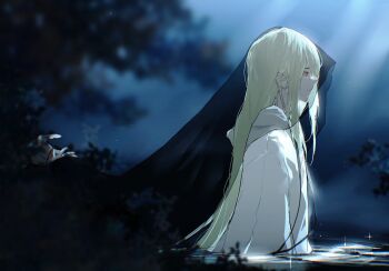 1other androgynous black_veil chinese_commentary commentary_request enkidu_(fate) fate/grand_order fate_(series) green_eyes green_hair hair_between_eyes highres long_hair night other_focus partially_submerged pond robe see-through_clothes see-through_veil sili5291 upper_body veil white_robe