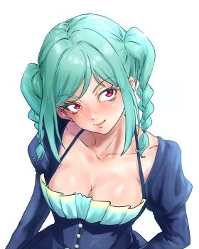 Rule 34 | 1girl, aqua hair, blue dress, braid, braided twintails, breasts, cleavage, closed mouth, collarbone, dress, eggprotain, frilled dress, frills, highres, large breasts, long sleeves, looking to the side, love live!, love live! superstar!!, medium hair, onitsuka tomari, pink eyes, pink lips, sidelocks, simple background, solo, strap, twin braids, twintails, upper body, white background