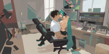 1boy 1girl aqua_hair arm_tattoo arms_up black_boots black_skirt black_sleeves boots box breasts cardboard_box carpet chair character_doll closed_eyes commentary desk_lamp detached_sleeves doll electric_guitar english_commentary gen_7_pokemon glasses guitar hatsune_miku headphones hetero indoors instrument lamp large_breasts long_hair microphone mimikyu monitor nintendo nipples office_chair pleated_skirt pokemon poster_(object) sex shirt short_hair sitting skirt smewed stuffed_toy swivel_chair tattoo thigh_boots topless_female twintails undressing very_long_hair vocaloid white_shirt window