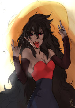 1girl \m/ adventure_time artist_logo bad_deviantart_id bad_id bite_mark bite_mark_on_neck black_hair breasts cleavage commentary detached_sleeves double_\m/ english_commentary fangs hat high-waist_pants jewelry kenda-oh logo long_hair marceline_abadeer open_mouth pants pointy_ears red_eyes ring solo tongue tongue_out vampire yellow_hat