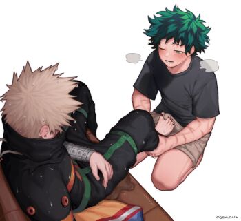 2boys absurdres bakugou_katsuki barefoot black_nails black_shirt blonde_hair boku_no_hero_academia bulge dekudash erection erection_under_clothes feet footjob footjob_over_clothes from_above green_eyes green_hair highres male_focus midoriya_izuku multiple_boys multiple_scars no_gloves one_eye_closed protected_link scar scar_on_arm scar_on_face shirt short_hair sitting spiked_hair superhero_costume toenails wet wet_clothes wet_hair yaoi