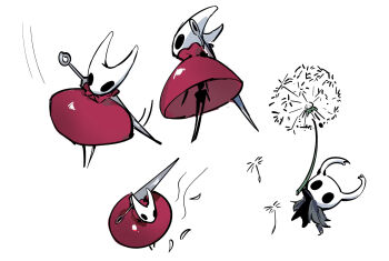 1girl 1other chinese_commentary circle_skirt cloak commentary_request dandelion dandelion_seed dress flower grey_cloak highres holding holding_behind_back holding_plant holding_weapon_behind_back hollow_knight hornet_(hollow_knight) knight_(hollow_knight) leaning_forward motion_lines multiple_views nail_(hollow_knight) oversized_plant plant qishitian_de_yuji red_dress simple_background spinning torn_cloak torn_clothes upskirt weapon weapon_on_back white_background