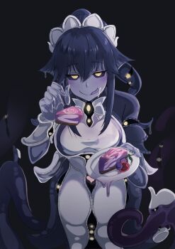 1girl absurdres bell_orgel black_sclera blue_skin blush breasts cake cake_slice colored_sclera colored_skin colored_tongue eldritch_abomination extra_eyes extra_mouth extra_tongue food fork fruit highres holding holding_fork holding_plate looking_at_viewer monster_girl monster_girl_encyclopedia monster_girl_encyclopedia_ii pastry pie pie_slice plate purple_tongue shoggoth_(monster_girl_encyclopedia) slime_(substance) slime_girl solo tentacles